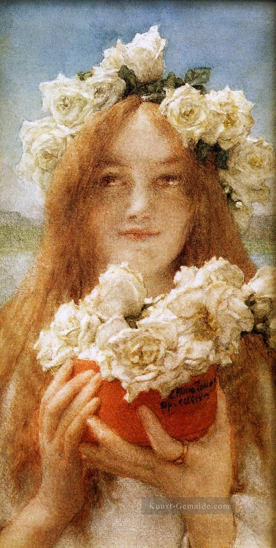 Sommer der junges Mädchen mit Rosen romantischer Sir Lawrence Alma Tadema anbietet Ölgemälde